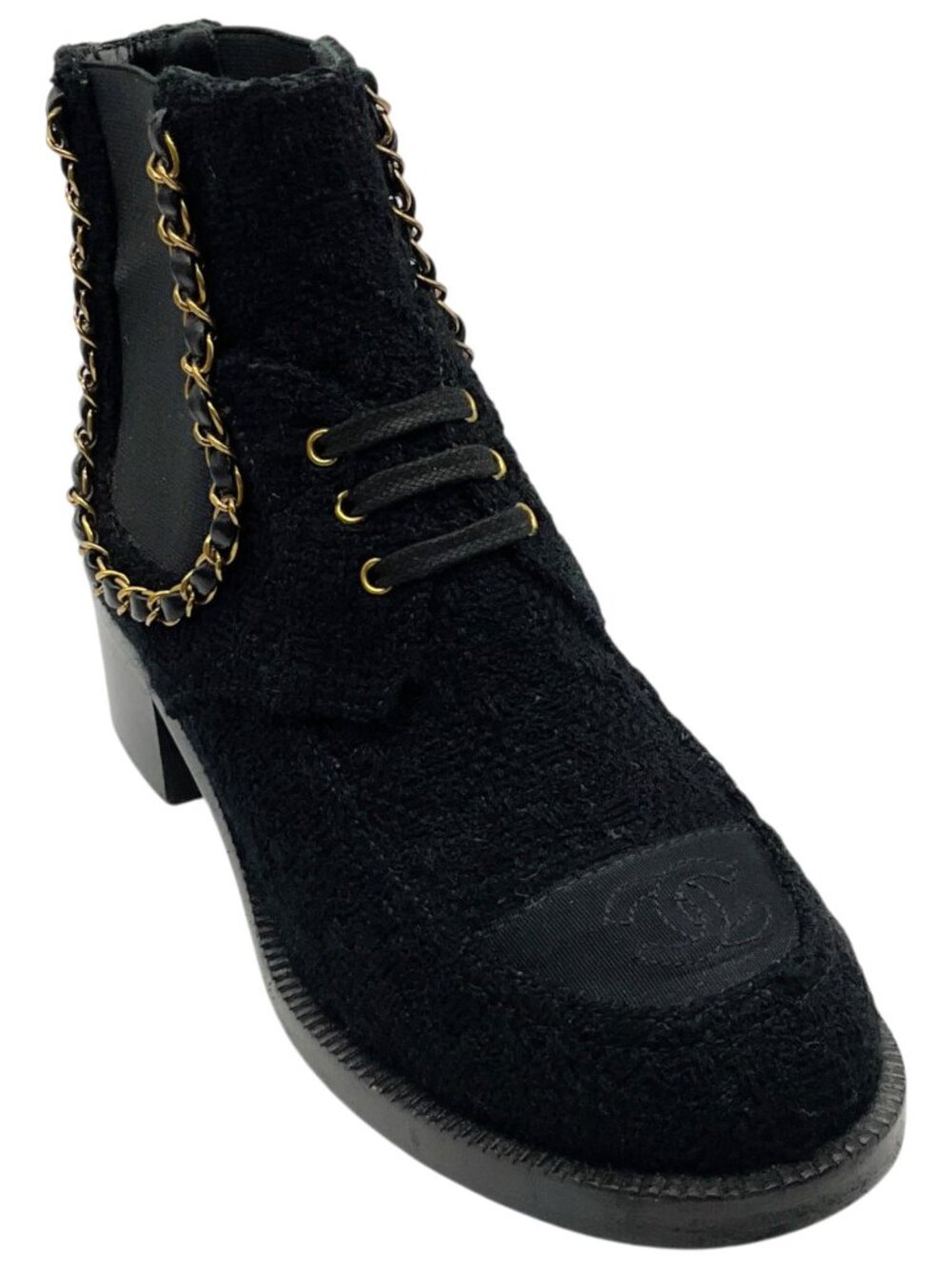 Chanel Black Tweed Chelsea Boots with Gold Chain Detail